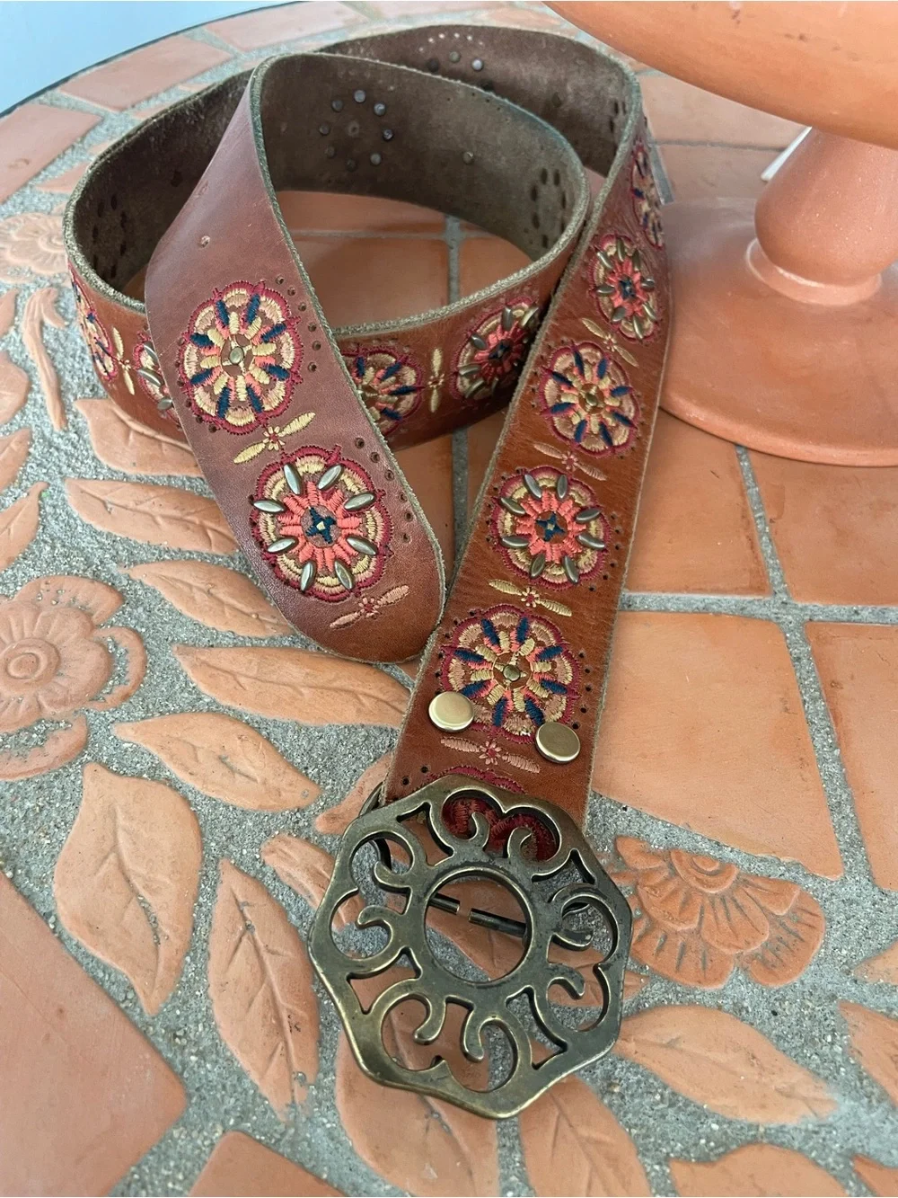 Lucky Brand Leather Embroidered Belt Brass Buckle Size L